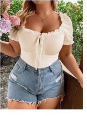 SHEIN Cream Puff-Sleeve Tie-Front Crop Top